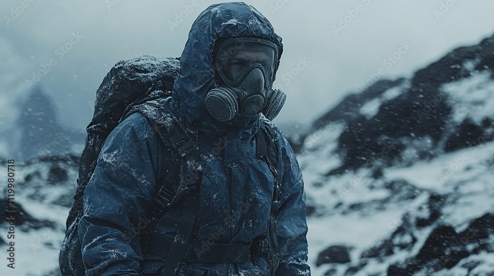Lone Man in Blue Hazmat Suit in Cinematic Landscape Lone Man in Blue Hazmat Suit in Cinematic Landscape