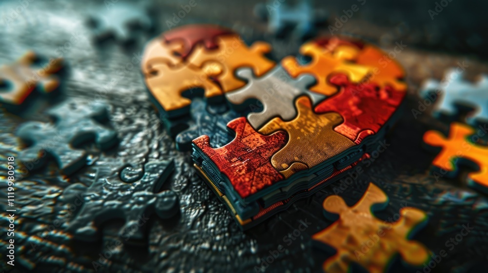 A close-up of a heart-shaped puzzle fitting into a group of puzzles on a worn surface in a rustic style, symbolizing love and unity. A close-up of a heart-shaped puzzle fitting into a group of puzzles on a worn surface in a rustic style, symbolizing love and unity.