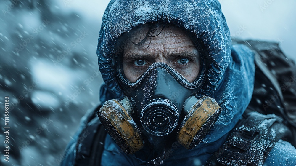 Intense Portrait of a Man in a Mask in Cold Environment Intense Portrait of a Man in a Mask in Cold Environment
