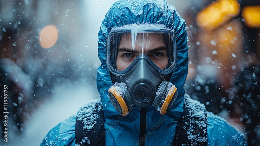 Man in Blue Hazmat Suit Amidst Snowy Environment Man in Blue Hazmat Suit Amidst Snowy Environment