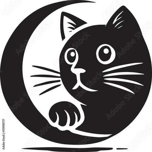 Cat peeking from behind a semicircle vector black silhouette