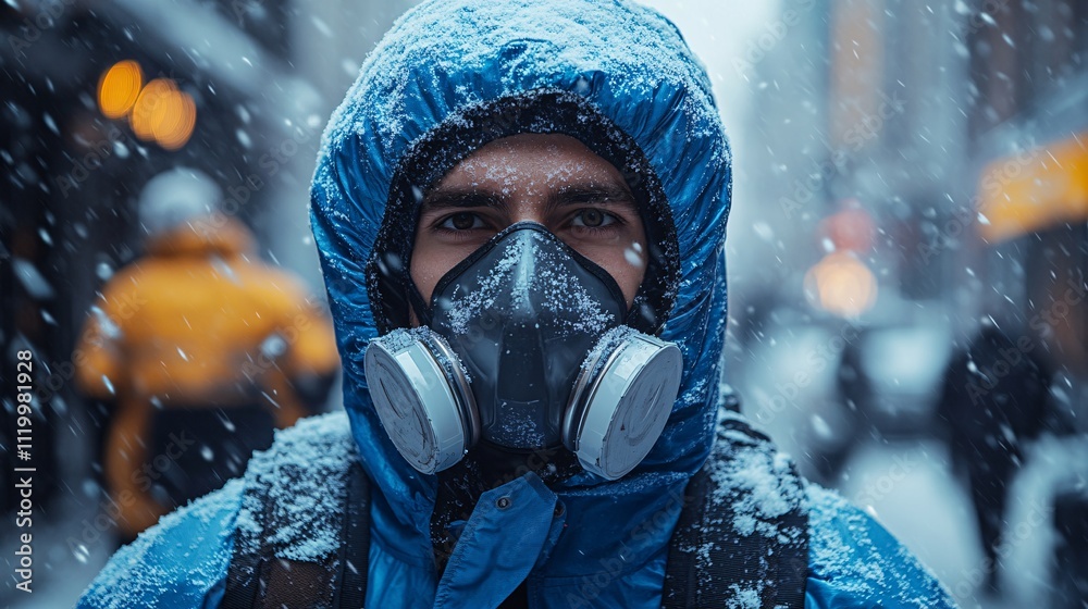 Man in Blue Jacket Stands Still in Snowstorm Man in Blue Jacket Stands Still in Snowstorm