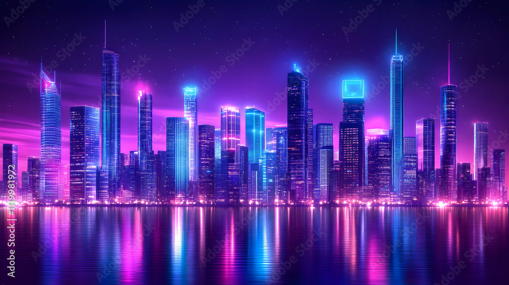 Neon Cityscape at Night 3D Illustration Neon Cityscape at Night 3D Illustration