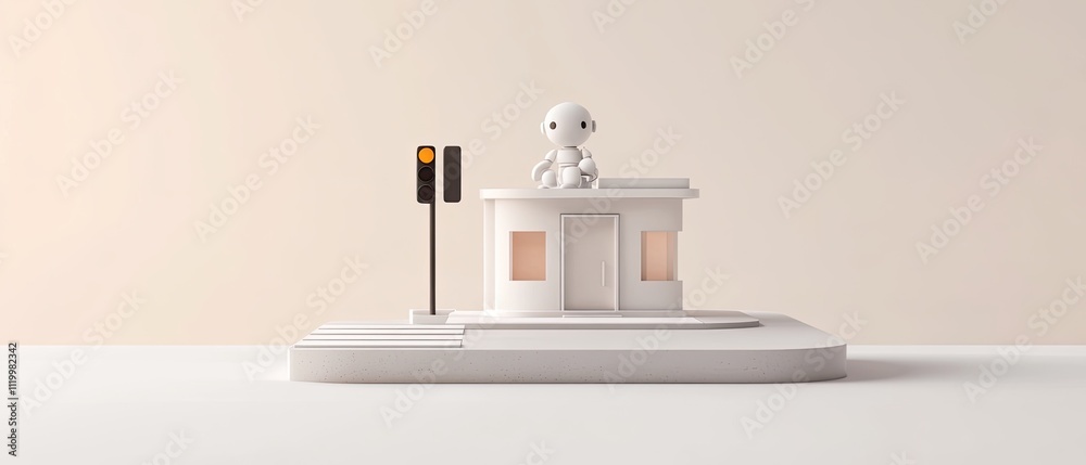 Minimalist 3D render of a small building with a figure on top and a traffic light. Minimalist 3D render of a small building with a figure on top and a traffic light.
