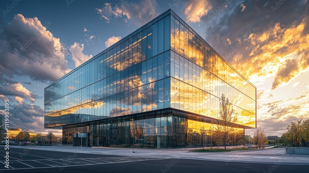 Modern Glass Building Reflecting Sunset Colors Against a Dramatic Sky in a Tranquil Urban Landscape Modern Glass Building Reflecting Sunset Colors Against a Dramatic Sky in a Tranquil Urban Landscape