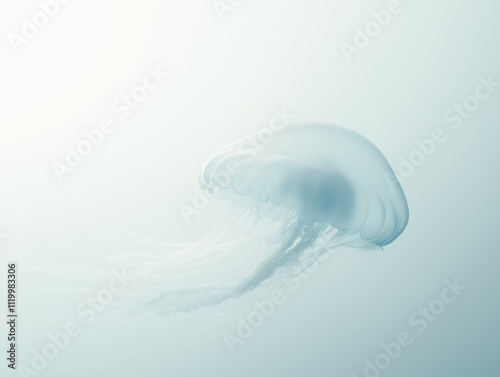 An ethereal jellyfish gracefully hovers in mid-air, its fragile shape creating a stunning contrast against the immaculate white background. photo