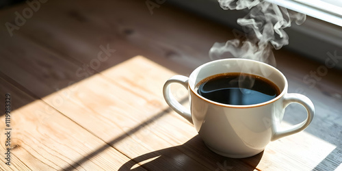 steaming cup of hot coffee on wooden table beside window  photo