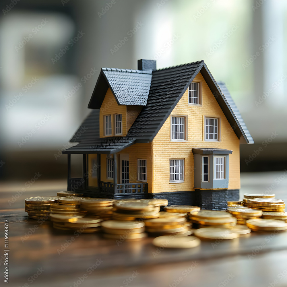 House Model on Gold Coins Illustration House Model on Gold Coins Illustration