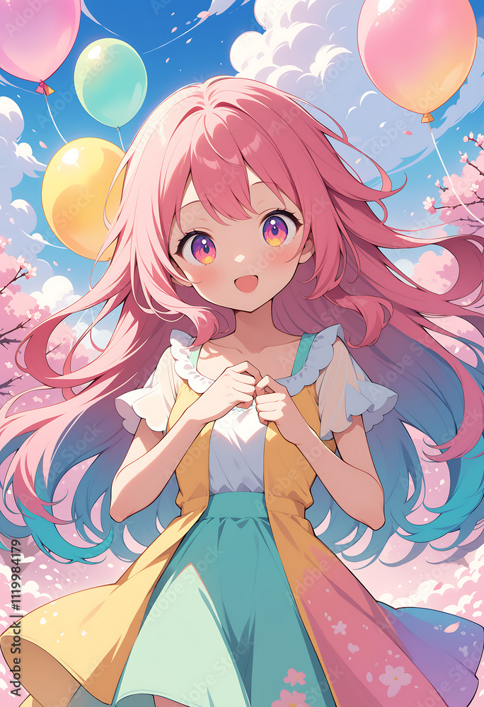 Adorable Pink-Haired Anime Girl with Balloons in a Dreamy Spring Setting Adorable Pink-Haired Anime Girl with Balloons in a Dreamy Spring Setting