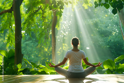 Back view of Woman meditating in a peaceful forest surrounded by lush greenery and sunlight streaming through trees, symbolizing mindfulness and connection with nature