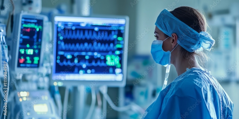 Focused Surgeon Monitoring Vital Signs in Modern Operating Room Setting Focused Surgeon Monitoring Vital Signs in Modern Operating Room Setting