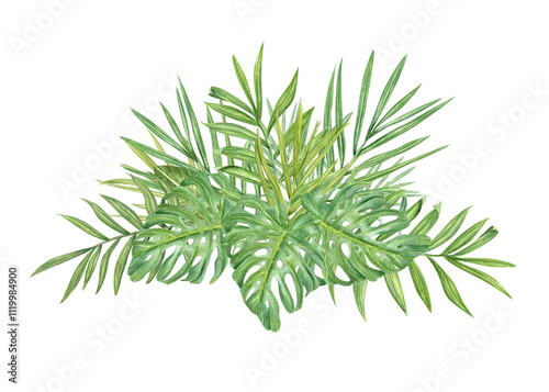 Watercolor tropical green leaves bouquet botanical illustration. Hand painted palm and monstera foliage summer for design shops, print, greeting card, invitation, logo