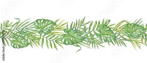 Watercolor tropical green leaves horizontal seamless banner. Hand painted palm, Areca, Cycas and monstera foliage pattern for textile, holiday package, kitchen canvas, wall art, decorative