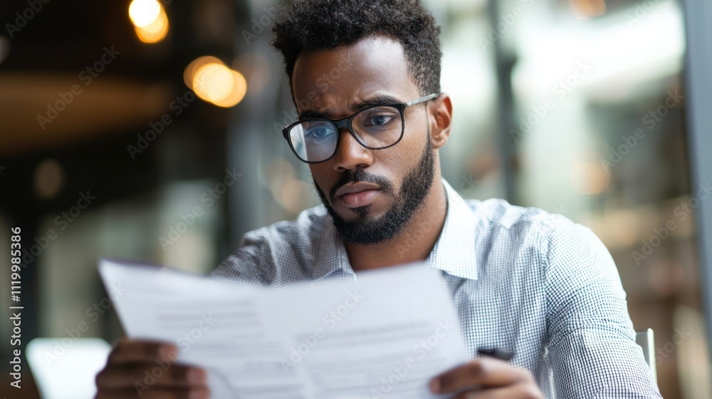 Professional reviewing a performance appraisal document with a thoughtful expression, indicating careful evaluation Professional reviewing a performance appraisal document with a thoughtful expression, indicating careful evaluation