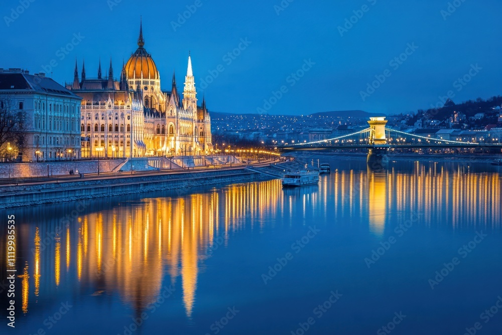 Eastern European city with historical architecture along the river, and beautiful scenery at night Eastern European city with historical architecture along the river, and beautiful scenery at night