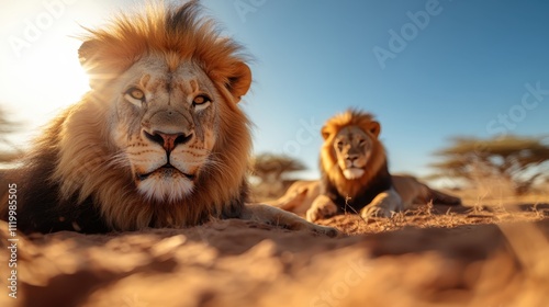 A stunning capture of two lions basking in the warm sunlight on the savannah, displaying their regal presence and reinforcing their status as kings of the wild. photo