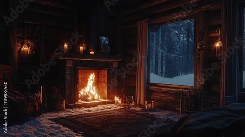 Cozy cabin interior with a glowing fireplace and warm rustic decor 