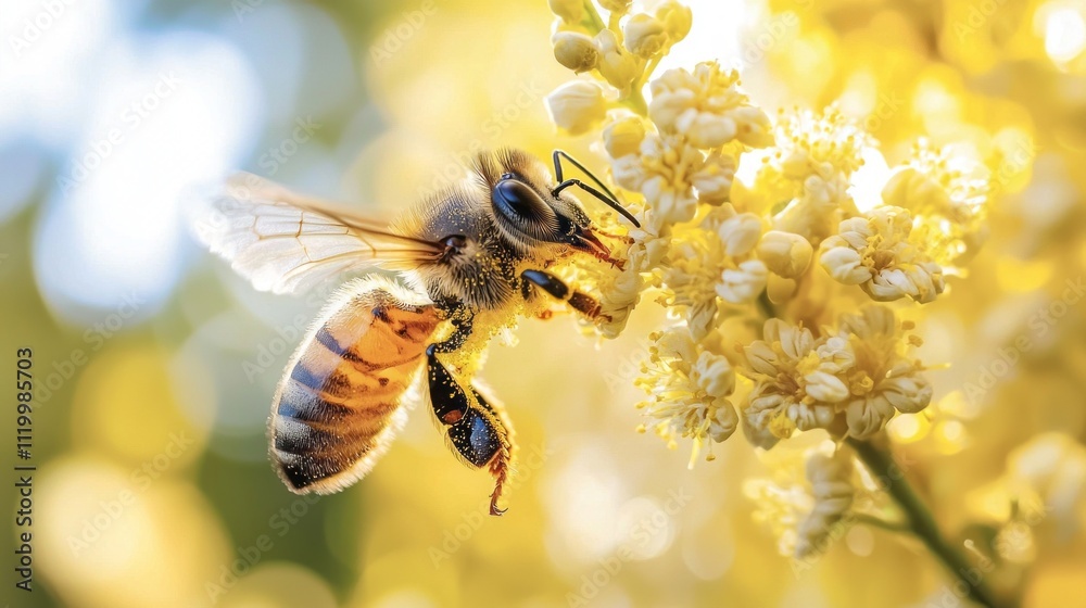 A solitary bee stretches its legs to collect golden pollen from bright yellow blooms under the warm rays of the sun. This moment captures the harmony of nature's ecosystem A solitary bee stretches its legs to collect golden pollen from bright yellow blooms under the warm rays of the sun. This moment captures the harmony of nature's ecosystem