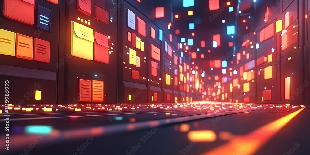 Fototapeta premium Futuristic Abstract Network Grid with Files and Folders Illuminated by Vibrant Colors in a Digital Environment for Stock Photography Use