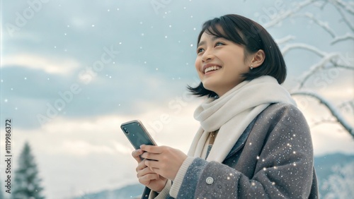 冬の景色に感動しスマフォで撮影しようと準備をしているマフラをしたショートヘアーの若い女性 笑顔の女性 Generative AI photo