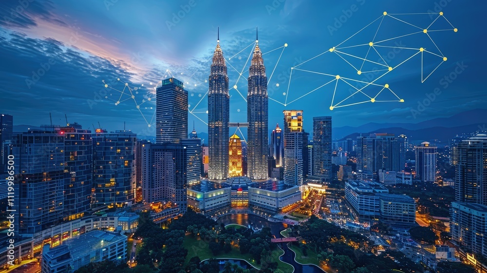 Fototapeta premium Night cityscape with illuminated skyscrapers and network connection lines.