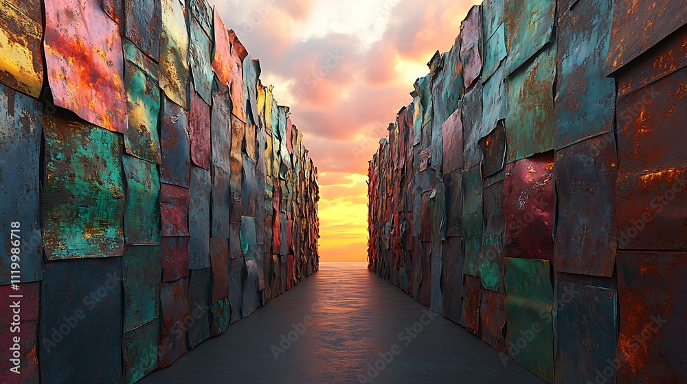 Fototapeta premium Colorful rusty metal wall pathway leading to sunset.