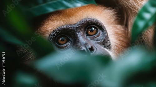 A curious gibbon with expressive eyes peers through dense, rich-green foliage, capturing the essence of wildlife and nature's tranquility in a vibrant jungle setting. photo