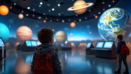 Wallpaper Mural Young explorers gaze in awe at a breathtaking cosmic display. Planets, stars, and galaxies fill the immersive environment, sparking curiosity and wonder. Torontodigital.ca