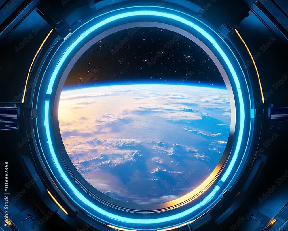 Futuristic spaceship window view of Earth's sunrise. Futuristic spaceship window view of Earth's sunrise.