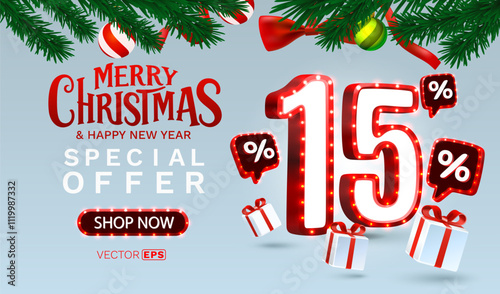 Merry Christmas, 15 percent Off discount. Sale banner and poster. Vector illustration.