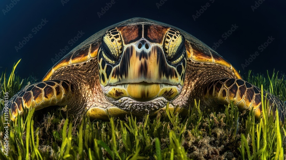 Fototapeta premium A close-up of a sea turtle resting on ocean grass, showcasing its intricate patterns.