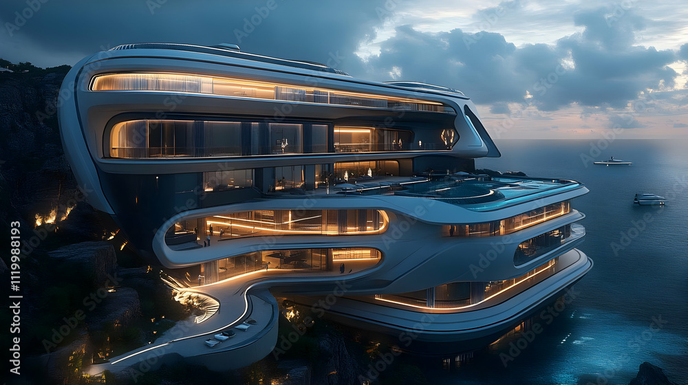 Obraz premium Futuristic Cliffside Mansion 3D Render