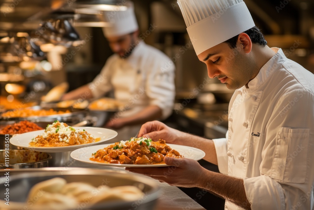 A chef meticulously plating a dish in a busy kitchen.