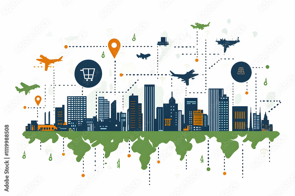 Fototapeta premium Global City Illustration: E-commerce Logistics Network