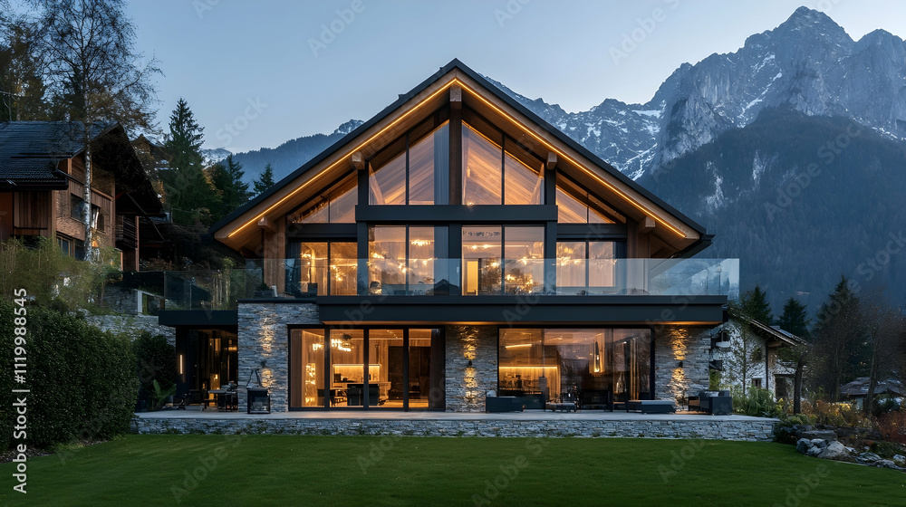 Modern Alpine Glass Chalet with Snow Peak Views, Luxury Courchevel Mountain Estate with Stone Base Modern Alpine Glass Chalet with Snow Peak Views, Luxury Courchevel Mountain Estate with Stone Base