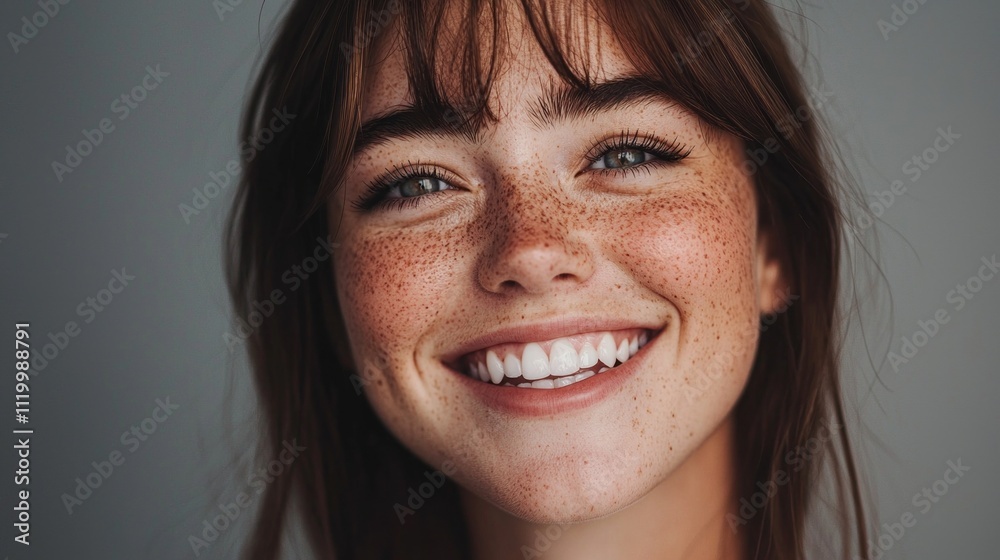This captivating portrait features a woman with a bright smile and lovely freckles, her expressive eyes radiating warmth and happiness in a minimalist setting This captivating portrait features a woman with a bright smile and lovely freckles, her expressive eyes radiating warmth and happiness in a minimalist setting