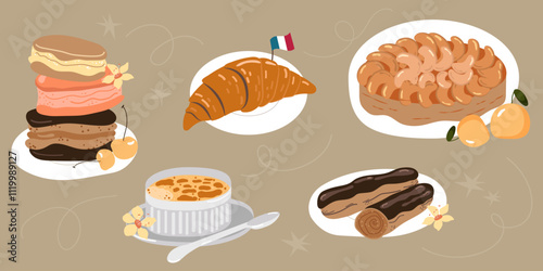 Vector hand drawn flat food illustration with french dessert, croissant, macaron, eclair, tart Tatin, creme brule,cherry blossom, traditional cuisine.
