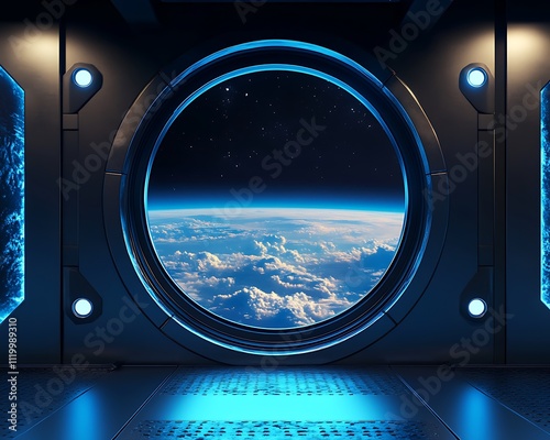 Spaceship interior with Earth view from porthole.