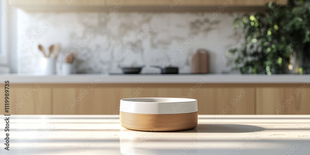 3D icon of a cat food bowl set on a clean countertop with soft neutral tones in the background, creating a calm, minimalist space