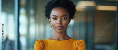 Confident businesswoman stands in modern office setting.