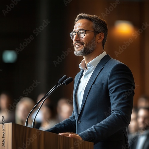 Confident speaker delivering a presentation to an audience.