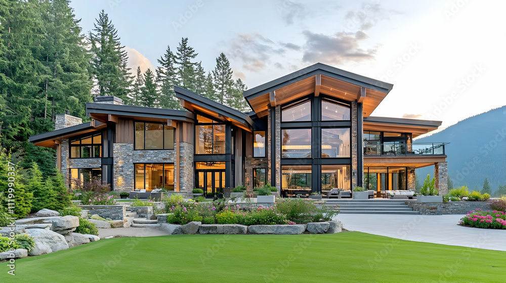 Modern Alpine Glass Chalet with Snow Peak Views, Luxury Courchevel Mountain Estate with Stone Base Modern Alpine Glass Chalet with Snow Peak Views, Luxury Courchevel Mountain Estate with Stone Base