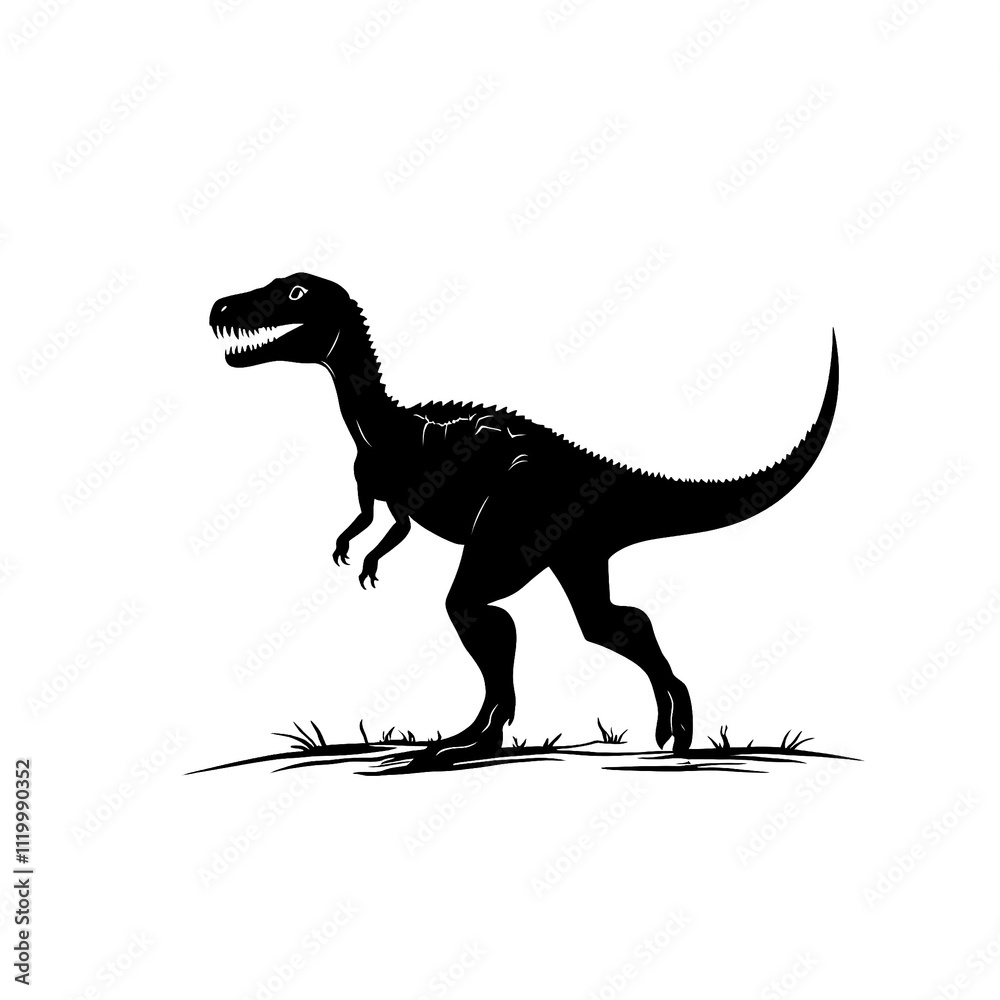 2D full body illustration of a Velociraptor silhouette isolated on a white transparent background