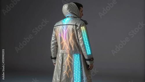 A long flowing coat made from metallic fibers equipped with illuminated panels on the back that display dynamic shifting patterns. photo