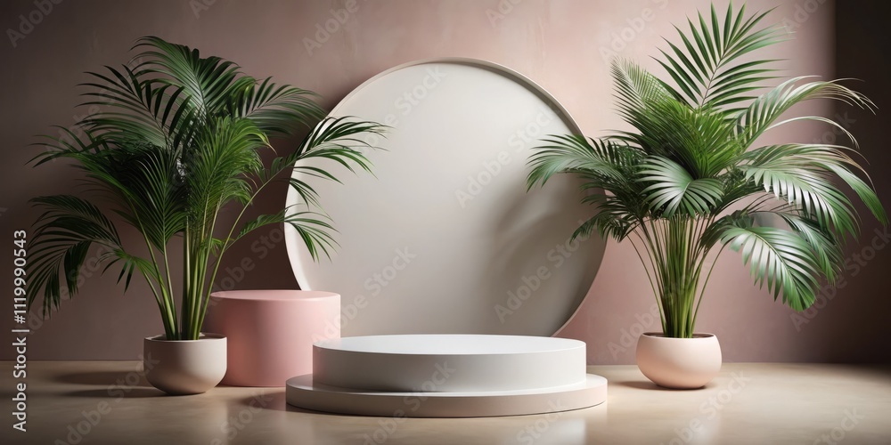 Modern Minimalist Product Display with Dark Podiums, Pink Backdrop, Large White Circle, and Tropical Palm Leaves for Stylish Advertising and Branding Modern Minimalist Product Display with Dark Podiums, Pink Backdrop, Large White Circle, and Tropical Palm Leaves for Stylish Advertising and Branding