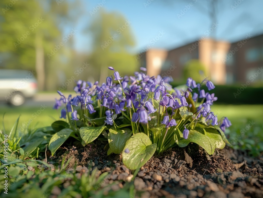 Vibrant bluebells blooming in forest floor nature outdoor serenity close-up view