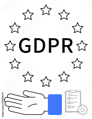 GDPR textual element surrounded by twelve stars, with images of a hand, checklist, and gear. Ideal for compliance, data protection, privacy, regulations law security policy. Line metaphor