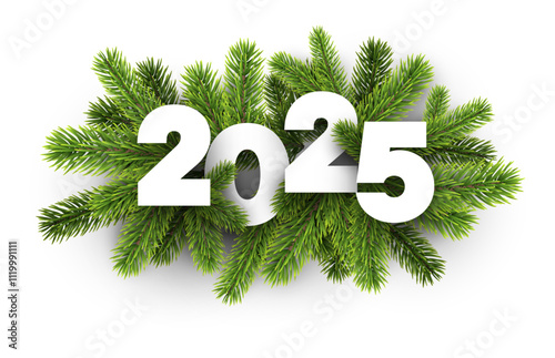Vector illustration of 2025 numerals surrounded by lush green fir branches, symbolizing nature and celebration.