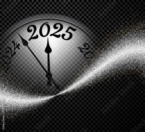 Illustration of a clock transitioning from 2024 to 2025 with a shimmering silver sparkle trail on a transparent background. Ideal for New Year designs and festive themes.