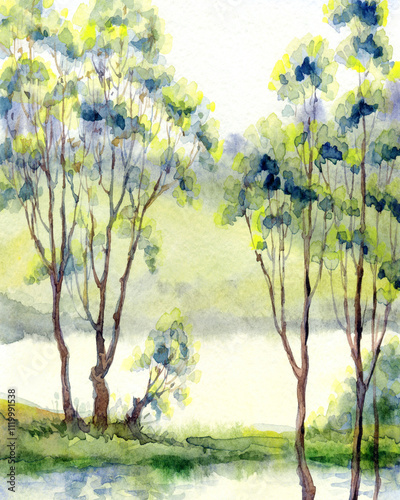 Watercolor landscape. Trees by the lake